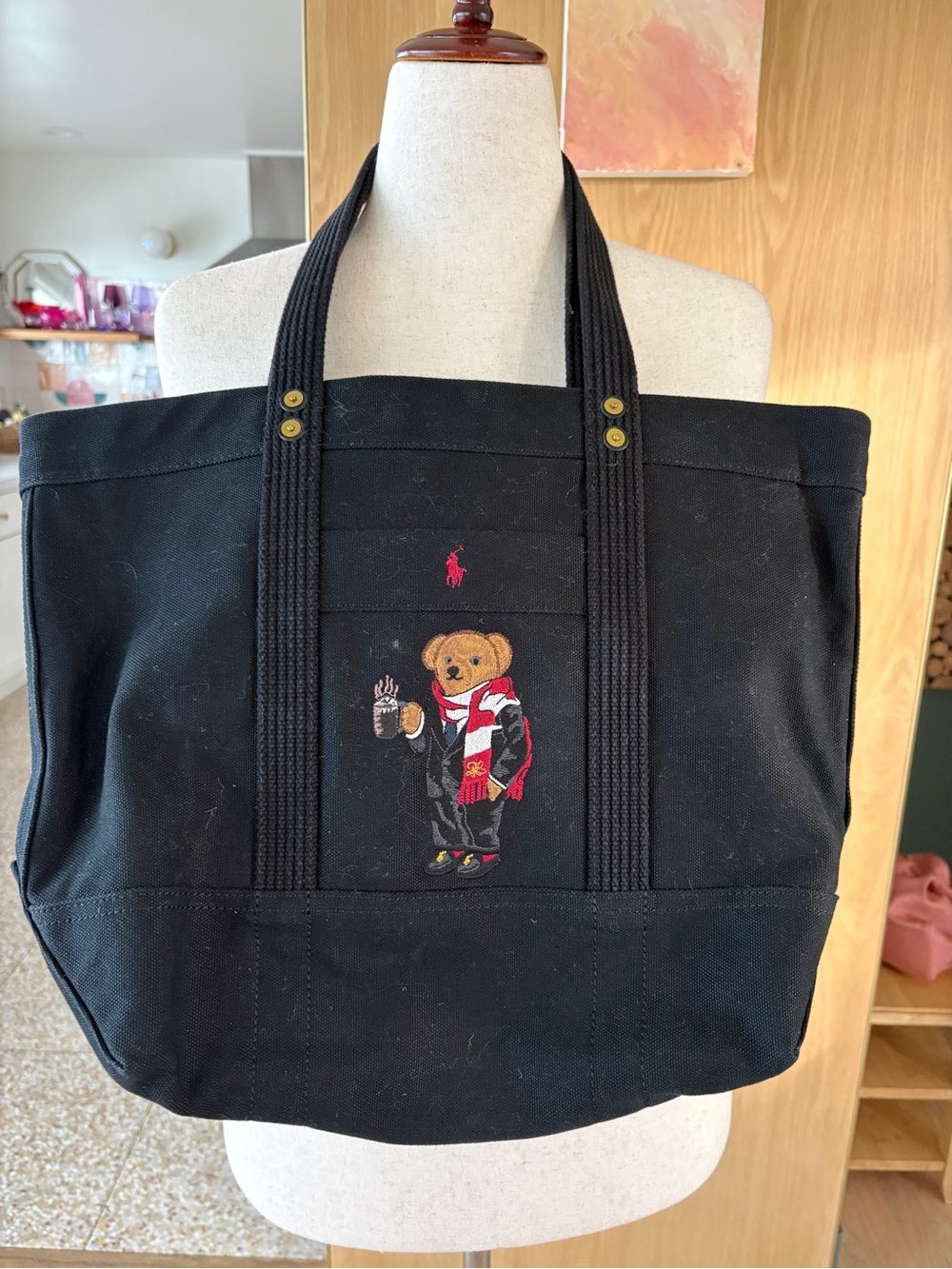 Polo by Ralph Lauren Black Canvas Bear-Embroidered Tote